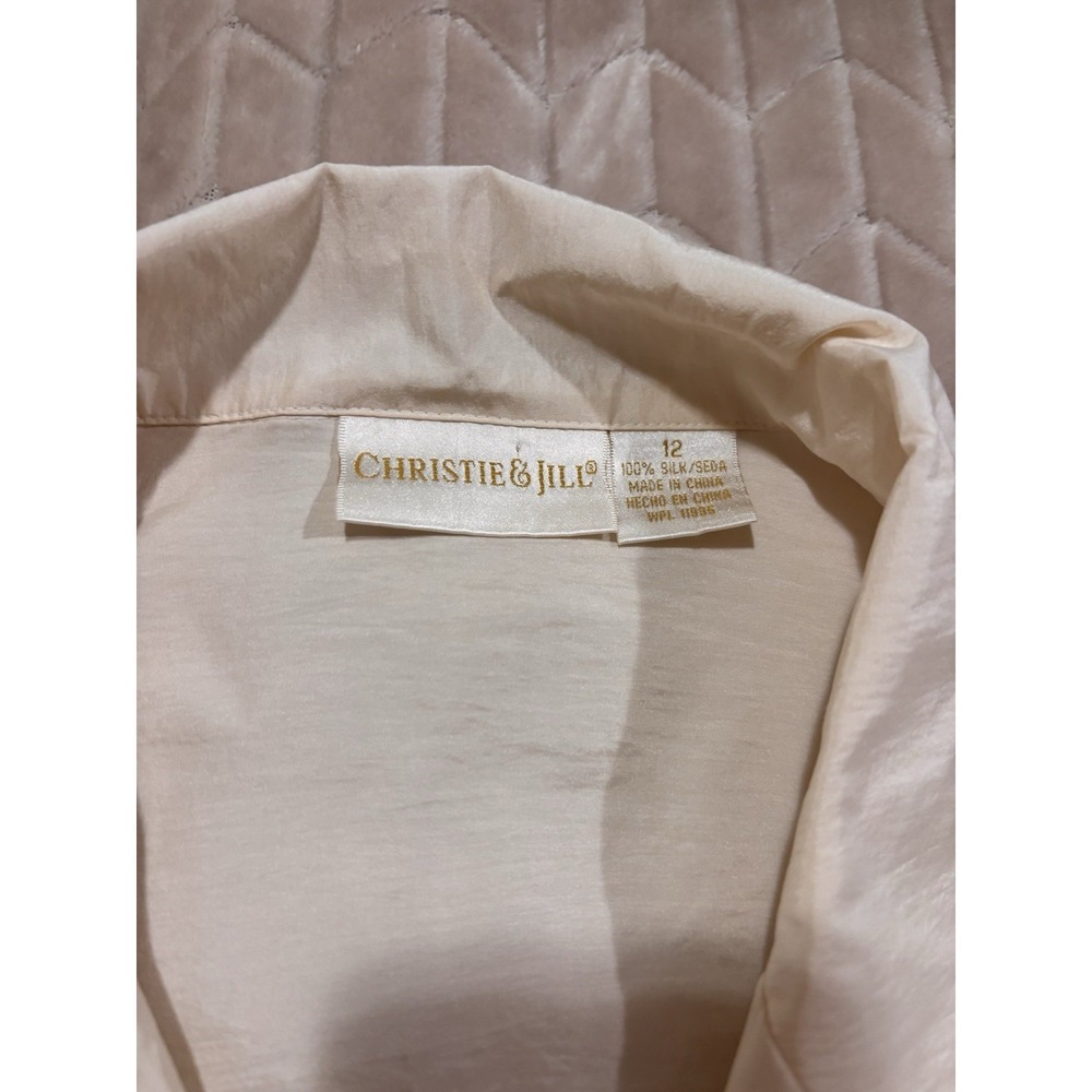 VTG 100% Silk Safari Shirt Sz 12 Cream Short Sleeve Gorpcore Utilitarian Blouse - Picture 8 of 14
